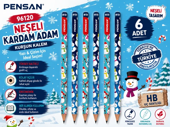 Pensan 96120 Kardan Adam Desenli HB Kurşun Kalem Yazı ve Çizim Kalemi Okul Kırtasiye 6 Adet ürün görseli 1