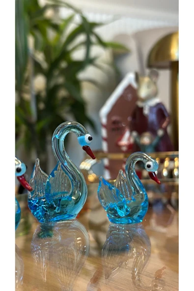 Ozk Atelier Dekoratif Kristal Murano Cam Kuğu Ailesi Turkuaz ürün görseli 1