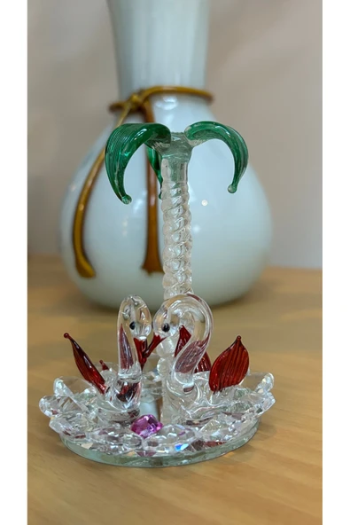 Ozk Atelier Dekoratif Kristal Cam İkili Palmiyeli Kuğu Yeşil Kırmızı ürün görseli 1