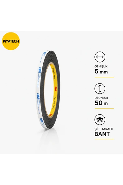 3M Scotch Çift Taraflı Bant 5mm x 50 Metre Güçlü Yapıştırıcı Siyah Akrilik Bant ürün görseli 1