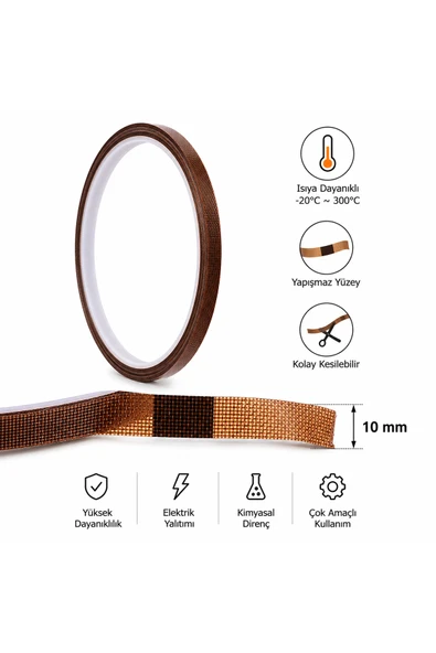 PTFE Isıya Dayanıklı Yapışkan Bant 10 mm x 10 m Teflon Cam Elyaf Bant 300°C ürün görseli 1