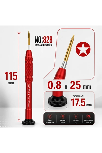 Manyetik Tornavida 0.8x25 mm Cep Telefonu ve Elektronik Tamir Aleti NO.828 - Kırmızı ürün görseli 1