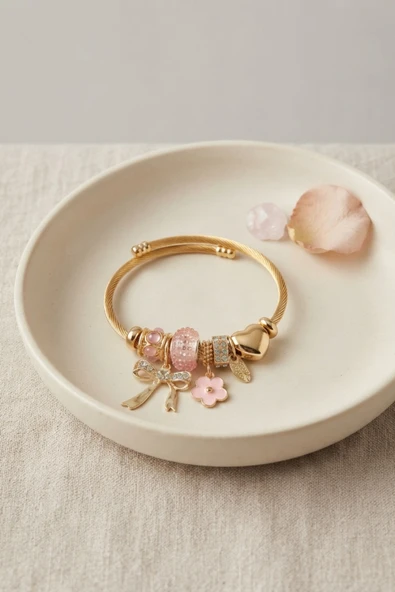 Fiyonk Charmlı Pembe Renk Gold Bileklik ürün görseli 1