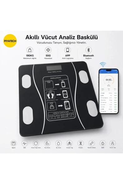 Akıllı Bluetooth Vücut Analiz Baskülü – 180kg Hassas Dijital Tartı - Dijital Baskül Yağ Su Kas Vücut Kitle Endeksi Kilo Ölçer Tartı ürün görseli 1
