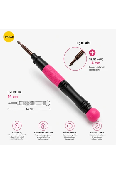 Profesyonel Hassas Cep Telefonu Tamir Tornavidası 1.5 mm Yıldız (+) Uçlu 14 Cm No.671 Pembe Siyah ürün görseli 1