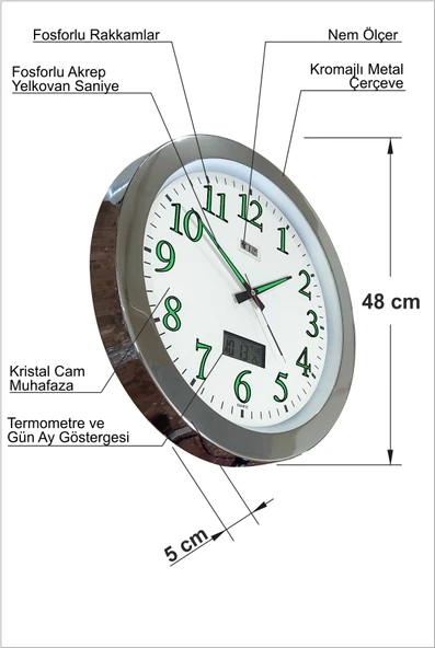 Dev Büyük 48 cm Krom Metal Çerçeve Fosforlu Duvar Saati Gece Karanlıkta Görünen Nemölçerli Termometreli Takvimli Sessiz Kayar Akar Saniyeli ürün görseli 1