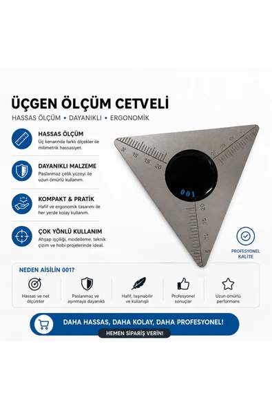 Paslanmaz Çelik Profesyonel Üçgen Ölçü Cetveli – Teknik Çizim, Ahşap İşleme ve Hobi Kullanımı ürün görseli 1
