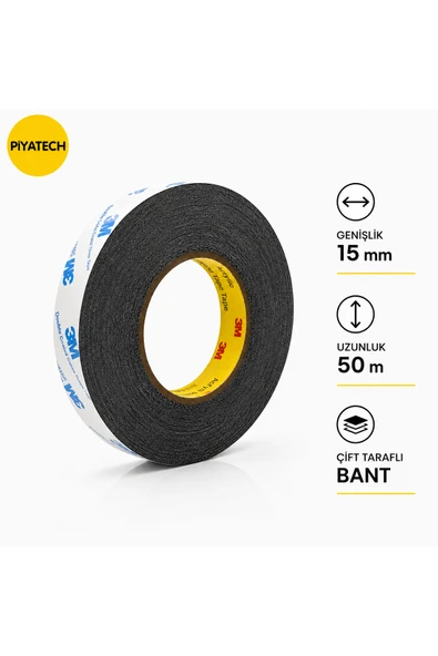 3M Scotch Çift Taraflı Bant 15 mm x 50 Metre Güçlü Yapıştırıcı Siyah Akrilik Bant EKRAN CAM KASA KAPAK TAMİR BANDI ürün görseli 1