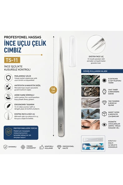 TS-11 Hassas İnce Düz Uçlu Paslanmaz Çelik Cımbız 14 cm Antistatik Profesyonel Elektronik Saat Takı Hobi Cımbızı ürün görseli 1