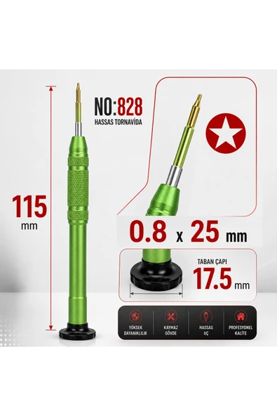 Manyetik Tornavida 0.8x25 mm Cep Telefonu ve Elektronik Tamir Aleti NO.828 - Yeşil ürün görseli 1