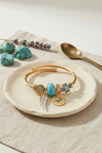 Mavi Renk Göz Model Gold Charmlı Bileklik ürün görseli 1