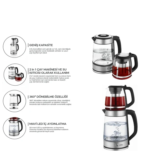Sinbo 2'si 1 Arada Çaycı - Kettle - 2.0L + 1.2L Kapasite - Cam Gövde ürün görseli 1