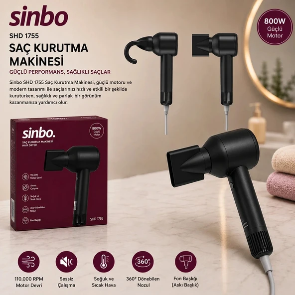 Sinbo Saç Kurutma Makinesi - Siyah Renk - Sessiz Çalışma Özelliği ürün görseli 1