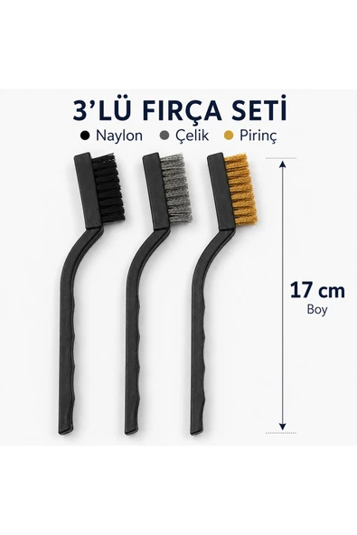 3'lü Mini Tel Fırça Seti – Çelik, Pirinç ve Naylon Çok Amaçlı Detay ve Kablo Temizleme Fırçası ürün görseli 1