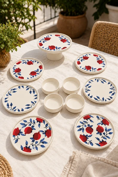 Nar 11 Parça 6 Kişilik Stackable Seramik Kahvaltı ve Servis Takımı Nar Desenli ürün görseli 1