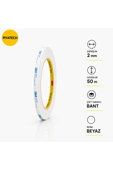 Çift Taraflı Bant 1 mm x 50 Metre Güçlü Beyaz Yapıştırıcı Bant ürün görseli 1