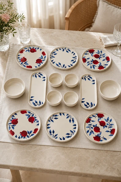 Nar 14 Parça 6 Kişilik Stackable Seramik Kahvaltı Takımı Nar Desenli Lüks Kahvaltılık Sunum Seti ürün görseli 1