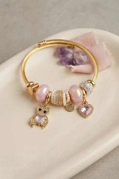 Pembe Renk Teddy Bear Model Gold Charmlı Bileklik ürün görseli 1