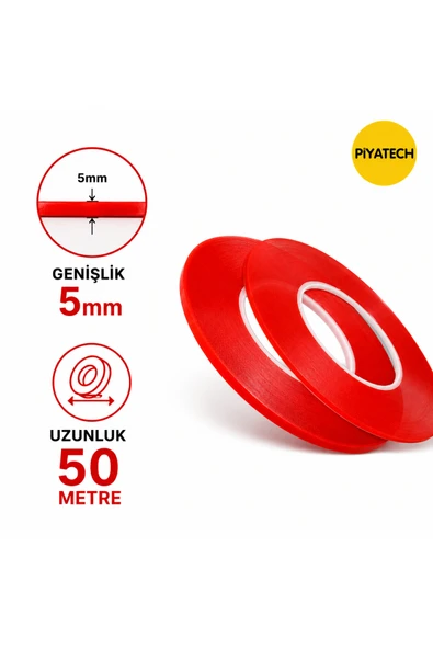 Kırmızı Şeffaf Çift Taraflı Silikon Bant 5 mm X 50 Metre Güçlü Montaj Bandı ürün görseli 1