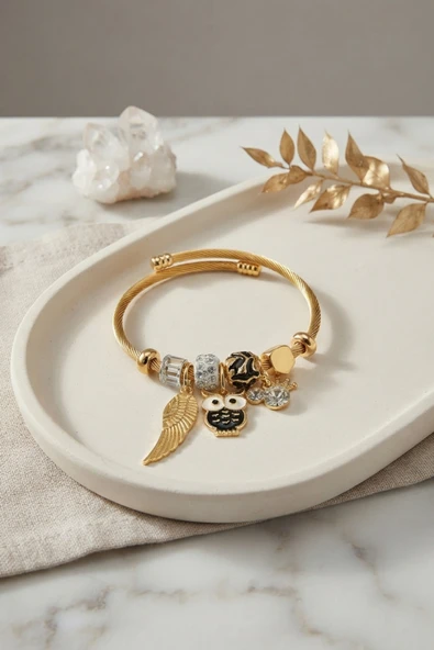 Siyah Baykuş Model Gold Renk Charmlı Bileklik ürün görseli 1