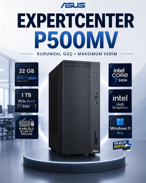 ASUS ExpertCenter P500 Mini Tower Intel Core 7 240H 32 GB DDR5 1 TB SSD Windows 11 Pro Masaüstü Bilgisayar P500MV-C721016512G0DRNP14 ürün görseli 1