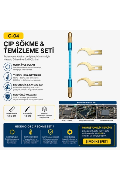 C-04 Cep Telefonu Anakart İşlemci Çip Sökme Ve Yapıştırıcı Temizleme Bıçağı Seti 4 Parça ürün görseli 1