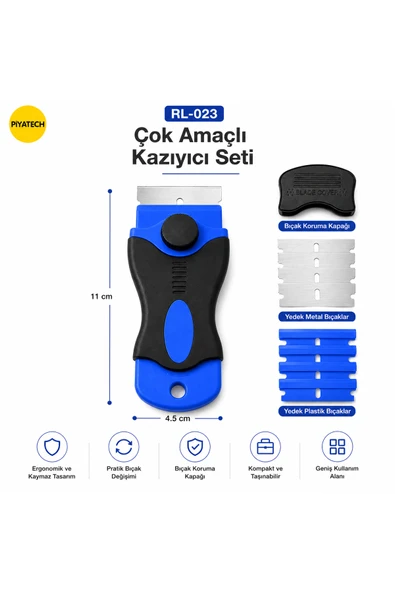 RL-023 Çok Amaçlı Cam Film Tutkal Ve Etiket Kazıyıcı Spatula Temizleme Aracı Yedek Bıçaklı Set ürün görseli 1