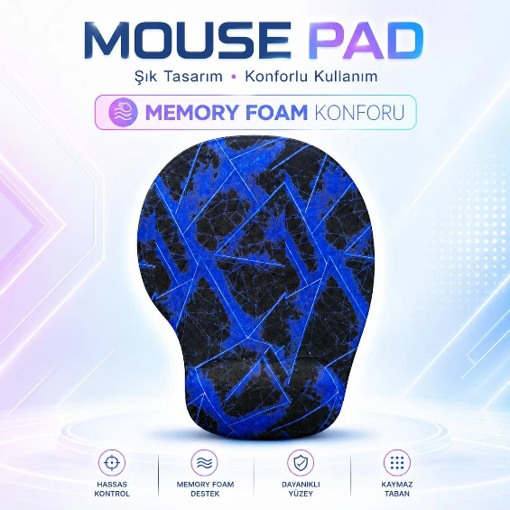 BLACK FLEX DİJİTAL BASKILI MEMORY FOAM ERGONOMİK BİLEK DESTEKLİ SİYAH-MOR MAUSE PAD ürün görseli 1