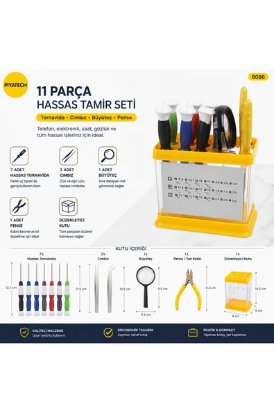 11 Parça Kutulu Hassas Telefon Ve Elektronik Tamir Tornavida Seti Büyüteçli Cımbızlı Kit 8086 ürün görseli 1