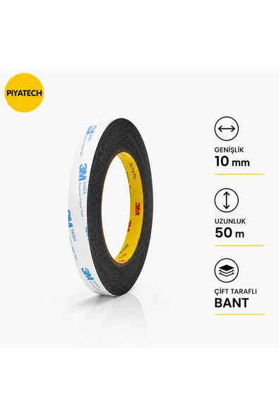 Scotch Çift Taraflı Bant 10 mm x 50 Metre Güçlü Yapıştırıcı Siyah Akrilik Bant EKRAN CAM KASA KAPAK TAMİR BANDI ürün görseli 1