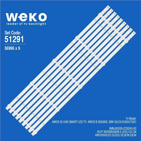 Wkset-6291 36996X9 Xmnj55d05-Zc62ag-02 5S1P 303Xm550046  9 Adet Led Bar (Tvnizi açıp içindeki led barla birebir aynısı olduğunu görmeden almayınız. Sonrasında iade ALMAMAKTAYIZ.) ürün görseli 1