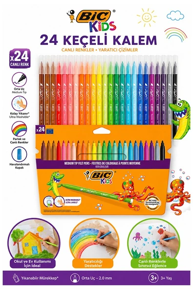Keçeli Kalem 24 Renk 1 Paket Bic Kid Couleur 24 lü Keçeli Kalem Canlı Renkler Yıkanabilir Kaliteli Okul Öğrenci ürün görseli 1
