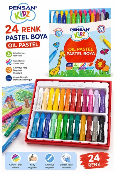 Pastel Boya 24 Renk 1 Paket Pensan Pastel Boya 24 lü Karton Kutulu Parlak Canlı ve Örtücü Renkler ürün görseli 1