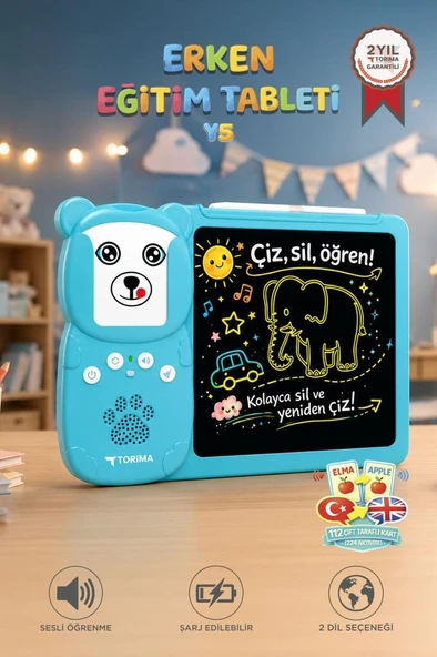 İngilizce Sesli Erken Eğitim Çocuk Tableti 8 İnç LCD Çizim Tahtası 112 Çift Taraflı Kartlı Y5 Mavi ürün görseli 1