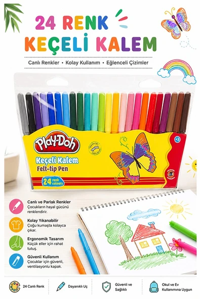 Keçeli Kalem 24 Renk 1 Paket Play-Doh 24 lü Keçeli Kalem Canlı Renkler Yıkanabilir Kaliteli Okul Öğrenci ürün görseli 1