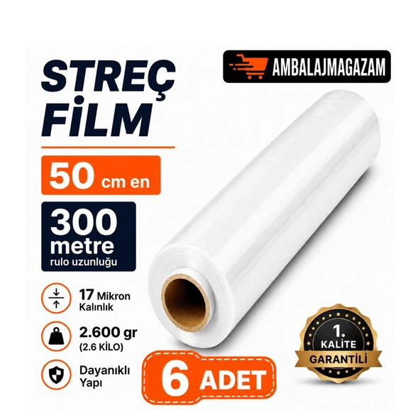 AVANTAJ PAKETİ (6 ADET) 300 Metre KALIN ŞEFFAF Palet Streç Film - 50 cm en - 17 Mikron - 2.600 GR ürün görseli 1