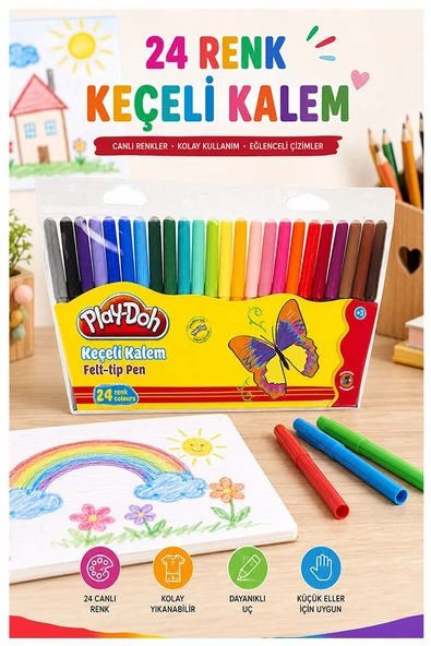 Keçeli Kalem 24 Renk 1 Paket Play-Doh 24 lü Keçeli Kalem Canlı Renkler Yıkanabilir Kaliteli Okul Öğrenci ürün görseli 1