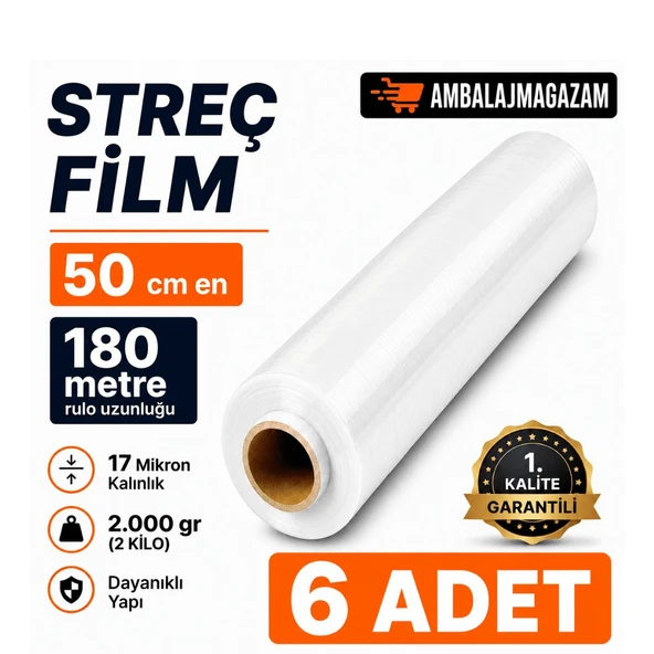 AVANTAJ PAKET (6 ADET) 180 Metre KALIN ŞEFFAF Palet Streç Film - 50 cm en - 17 Mikron - 2.000 GR ürün görseli 1