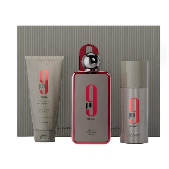 Afnan 9 PM Rebel EDP 100 ml + Deospray 150 ml + Shower Gel 150 ml Unisex Parfüm Seti ürün görseli 1