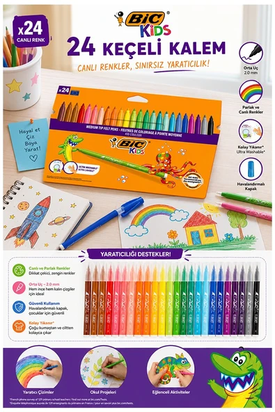 Keçeli Kalem 24 Renk 1 Paket Bic Kid Couleur 24 lü Keçeli Kalem Canlı Renkler Yıkanabilir Kaliteli Okul Öğrenci ürün görseli 1
