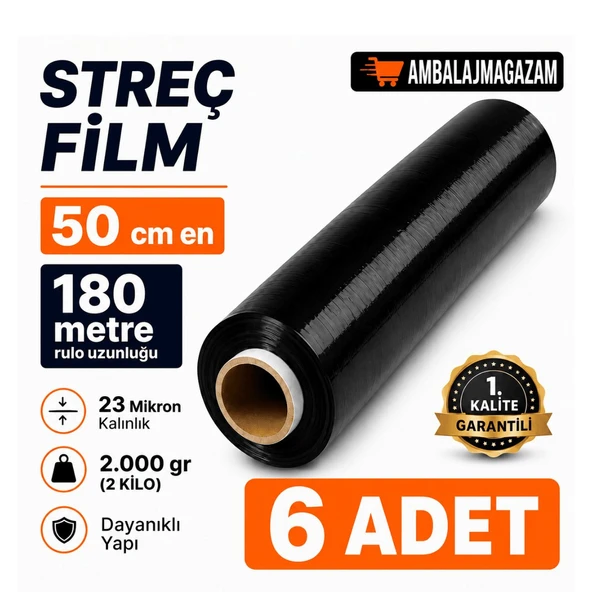 AVANTAJ PAKET (6 ADET) 180 Metre KALIN SİYAH Palet Streç Film - 50 cm en - 23 Mikron - 2.000 GR ürün görseli 1