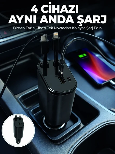 120W Hızlı Şarj Destekli 4'ü 1 Arada Araç Şarj Cihazı Type-C, Lightning, USB ve USB-C Çıkışlı ürün görseli 1