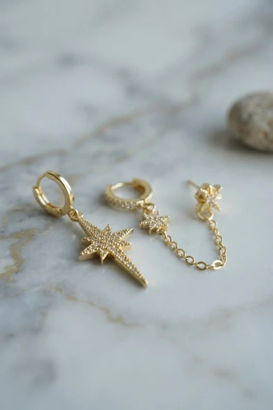 3 lü Set Küpe Gold Renk Zincir Detaylı ürün görseli 1