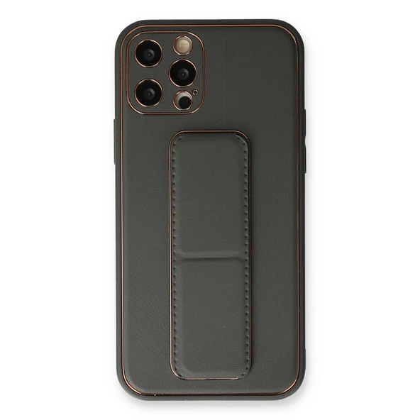 İphone 12 Pro Kılıf Coco Deri Standlı Kapak - Füme ürün görseli 1