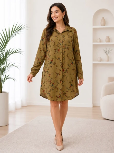 Kadın Haki Floral Desen Günlük Elbise ürün görseli 1