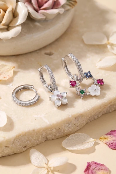 3 lü Set Gümüş Renk Çiçek Model Küpe ürün görseli 1