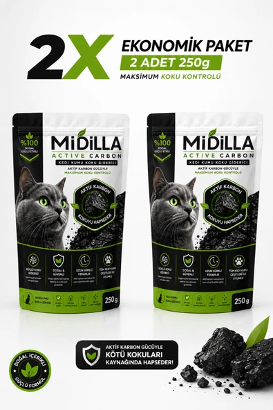 Midilla Active Carbon Kedi Kumu Koku Giderici 2 x 250 g | %100 Gerçek Aktif Karbon | Toplam 500 g ürün görseli 1