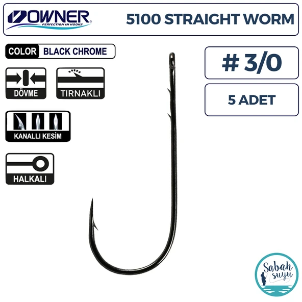 Owner 5100 Straight Worm Tırnaklı Delikli İğne #3/0 (5 Adet) Siyah ürün görseli 1