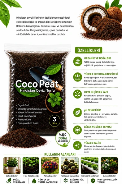 Cocopeat Hindistan Cevizi Torfu 3 Litre  , Organik Cocopeat Toprak Düzenleyici Saksı ve Fide Yetiştirme Torfu ürün görseli 1