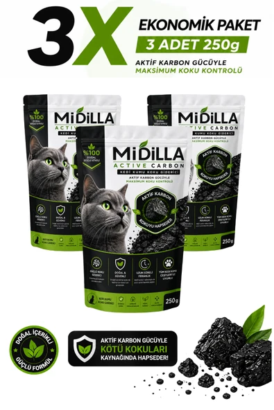 Midilla Active Carbon Kedi Kumu Koku Giderici 3 x 250 g | %100 Gerçek Aktif Karbon | Toplam 750 g ürün görseli 1